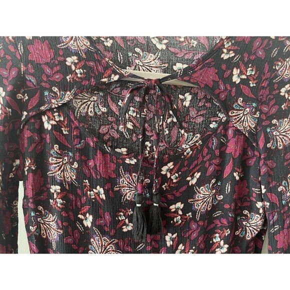 American Eagle Size XS Burgundy Floral Print Bell Sleeve Boho Dress - Picture 7 of 11